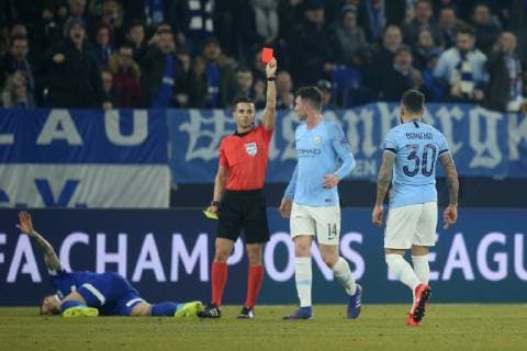 20 02 2019 Football Season 2018 2019 Champions League Round of 16 FC Schalke 04 Manchester City Nicolas Otamendi Manchester City see the yellow red card Gelsenkirchen Veltins Arena Germany