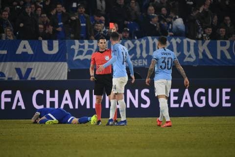 Football Champions League Round of 16 FC Schalke 04 Manchester City on 20 02 2019 at the Veltins Arena in Gelsenkirchen Red card for Nicolas Otamendi Manchester after foul an Guido Burgstaller Schalke DFL Regulations prohibit any use of photographs as image sequences and or quasi video xMNx
