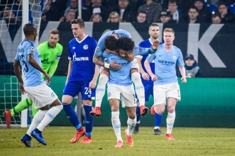 20 02 2019 xkvx Football UEFA Champions League FC Schalke 04 Manchester City emspor v l Goal celebration celebrate the goal to the 2 2 by Leroy Sane Manchester City DFL DFB REGULATIONS PROHIBIT ANY USE OF PHOTOGRAPHS as IMAGE SEQUENCES and or QUASI VIDEO Gelsenkirchen