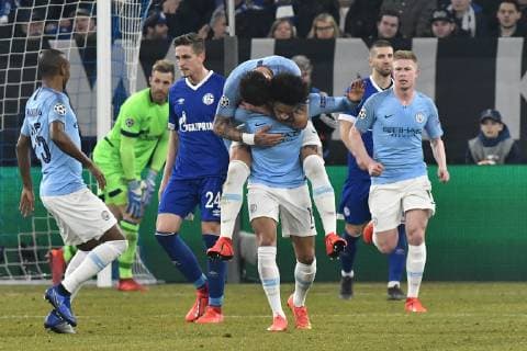 GER CL FC Schalke 04 vs. Manchester City 20 02 2019 Veltins Arena Gelsenkirchen GER CL FC Schalke 04 vs. Manchester City DFL regulations prohibit any use of photographs as image sequences and or quasi video in picture Leroy Sane 19 Manchester City cheers with its team after scoring its 2 2 goal nph Mauelshagen nph00321