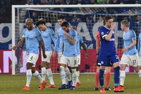 GER CL FC Schalke 04 vs. Manchester City 20 02 2019 Veltins Arena Gelsenkirchen GER CL FC Schalke 04 vs. Manchester City DFL regulations prohibit any use of photographs as image sequences and or quasi video in picture Leroy Sane 19 Manchester City cheers with its team after scoring its 2 2 goal nph Mauelshagen nph00321