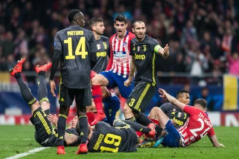 Madrid Spain 20 02 2019 UEFA Champions League 2018 19 Season Round of 16 Atletico Madrid Juventus Turin Josa Maria Gimenez Atletico de Madrid shoots on target to score his team s first goal DeFodi531