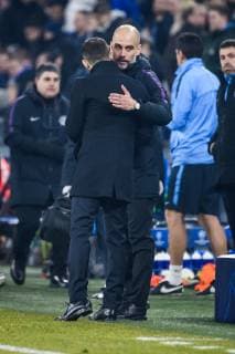 20 02 2019 xkvx football UEFA Champions League FC Schalke 04 Manchester City emspor v l coach coach Pep Guardiola Manchester City coach Domenico Tedesco S04 Schalke 04 after the game embrace Shake Hands DFL DFB REGULATIONS PROHIBIT ANY USE OF PHOTOGRAPHS as IMAGE SEQUENCES and or QUASI VIDEO Gelsenkirchen