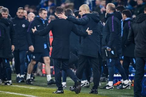 20 02 2019 xkvx football UEFA Champions League FC Schalke 04 Manchester City emspor v l coach coach Pep Guardiola Manchester City coach Domenico Tedesco S04 Schalke 04 after the game embrace Shake Hands DFL DFB REGULATIONS PROHIBIT ANY USE OF PHOTOGRAPHS as IMAGE SEQUENCES and or QUASI VIDEO Gelsenkirchen