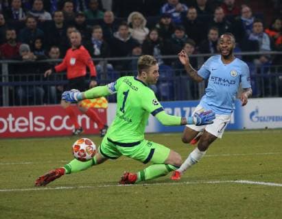 Champions League Round of 16 FC Schalke 04 Manchester City 20 02 2019 Goal 2 3 by Raheem Sterling City against goalkeeper Ralf Fährmann S04 DFL REGULATIONS PROHIBIT ANY USE OF PHOTOGRAPHS AS IMAGE SEQUENCES AND OR QUASI VIDEO HM