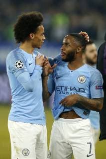 Gelsenkirchen Deutschland UEFA Champions League Round of sixteen FC Schalke 04 Manchester City 2 3 on 20 02 2019 in the Veltins Arena on Schalke in Gelsenkirchen Leroy SANE MAN li is delighted with Raheem STERLING MAN re According to the DFL Deutsche Fußball Liga it is forbidden to exploit photos taken in the stadium or during the match in the form of sequence pictures or video-like photo galleries.