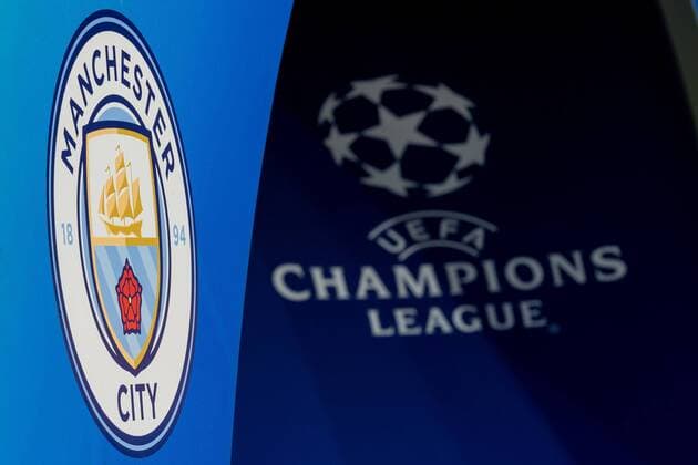 Gelsenkirchen Germany 20 02 2019 UEFA Champions League 2018 19 Season Round of 16 FC Schalke 04 Manchester City Manchester City and Champions League logo Manchester City and Champions League logo DeFodi001