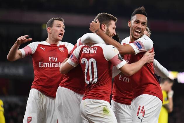 Sport Themen der Woche KW08 Sport Bilder des Tages Arsenal v FC BATE Borisov UEFA Europa League Arsenal players celebrate as Shkodran Mustafi makes it 2:0 on the night during the UEFA Europa League match at the Emirates Stadium, London Content Not Available For UK Newspapers Copyright: xMartynxHaworthx FIL-12916-0025