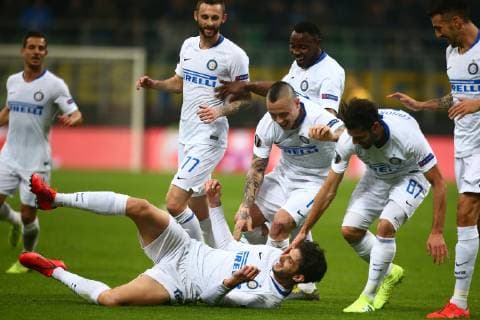 Photo Spada LaPresse February 21 , 2019 Milan ( Italy ) soccer Inter vs Rapid Wien - Europa League- Sixteenths-finals - San Siro Stadium In the pic: ranocchia celebrates after scoring 2-0  Copyright: xSpada LaPressex