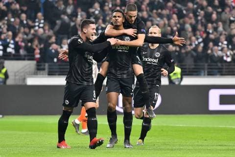 Football Europa League Sixteenth finals Eintracht Frankfurt Shakhtar Donetsk on 21 02 2019 at the Commerzbank Arena in Frankfurt Goal celebration to 2 0 by Sebastien Haller Frankfurt DFL regulations prohibit any use of photographs as image sequences and or quasi video xJKx
