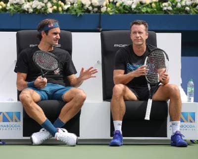 Roger Federer and Philipp Kohlschreiber train together Training Tennis Dubai Tennis Championships 2019 ATP Dubai Duty Free Tennis Stadium Dubai United Arab Emirates 22 February 2019 Copyright: xJuergenxHasenkopfx