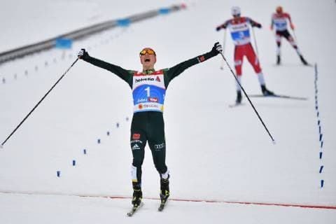 Zieleinlauf:Eric FRENZEL (GER), Jubel,Freude,Begeisterung, Aktion,winner,Sieger, vor Jan SCHMID (NOR) und Franz Josef REHRL (AUT), Nordische Kombination,Einzelwettkampf 10 km. Nordic Combined LH Individual Gundersen 10km. FIS Nordische Ski WM 2019 in Seefeld Oesterreich vom 19.02.-03.03.2019. *** Crossing the finish line Eric FRENZEL GER Jubel Freude Begeisterung Aktion winner Sieger ahead of Jan SCHMID NOR and Franz Josef REHRL AUT Nordic combined single competition 10 km Nordic Combined LH Individual Gundersen 10km FIS Nordic Ski WM 2019 in Seefeld Austria 19 02 03 03 2019