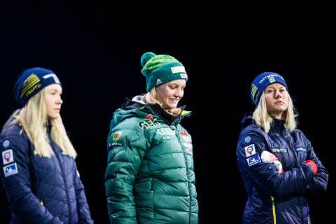 190222 Jonna Sundling R and Maja Dahlqvist L of Sweden at the medal ceremony for womenÂ s cross country skiing sprint during the FIS Nordic World Ski Championships on February 22 2019 in Seefeld in Tirol Photo Joel Marklund BILDBYRAN kod JM 87883,  Copyright: JOELxMARKLUND BB190222JM118