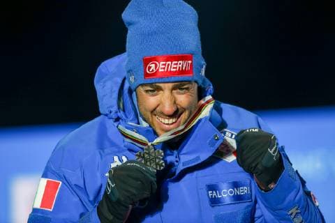 Nordische Ski WM in Seefeld, Langlauf Sprint Herren, Siegerehrung NORDIC SKIING - FIS Nordic World Ski Championships Seefeld 2019 SEEFELD,AUSTRIA,22.FEB.19 - NORDIC SKIING, CROSS COUNTRY SKIING - FIS Nordic World Ski Championships, medal plaza, award ceremony, sprint, men. Image shows Federico Pellegrino (ITA). Keywords: medal. GEPAxpictures xCh.xKelemen