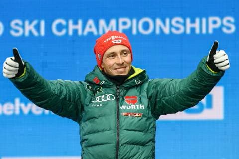 NORDIC SKIING - FIS Nordic World Ski Championships Seefeld 2019 SEEFELD,AUSTRIA,22.FEB.19 - NORDIC SKIING, NORDIC COMBINED - FIS Nordic World Ski Championships, medal plaza, award ceremony, 10km Gundersen, large hill. Image shows Eric Frenzel (GER). GEPAxpictures xCh.xKelemen