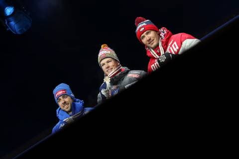 Nordische Ski WM in Seefeld, Langlauf Sprint Herren, Siegerehrung NORDIC SKIING - FIS Nordic World Ski Championships Seefeld 2019 SEEFELD,AUSTRIA,22.FEB.19 - NORDIC SKIING, CROSS COUNTRY SKIING - FIS Nordic World Ski Championships, medal plaza, award ceremony, sprint, men. Image shows Federico Pellegrino (ITA), Johannes Hoesflot Klaebo (NOR) and Gleb Retivykh (RUS). Keywords: medal. . GEPAxpictures xChristianxWalgram