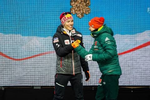 NORDIC SKIING - FIS Nordic World Ski Championships Seefeld 2019 SEEFELD,AUSTRIA,22.FEB.19 - NORDIC SKIING, NORDIC COMBINED - FIS Nordic World Ski Championships, medal plaza, award ceremony, 10km Gundersen, large hill. Image shows Franz-Josef Rehrl (AUT) and Eric Frenzel (GER). GEPAxpictures xPhilippxBrem