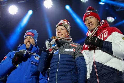 Nordische Ski WM in Seefeld, Langlauf Sprint Herren, Siegerehrung NORDIC SKIING - FIS Nordic World Ski Championships Seefeld 2019 SEEFELD,AUSTRIA,22.FEB.19 - NORDIC SKIING, CROSS COUNTRY SKIING - FIS Nordic World Ski Championships, medal plaza, award ceremony, sprint, men. Image shows Federico Pellegrino (ITA), Johannes Hoesflot Klaebo (NOR) and Gleb Retivykh (RUS). Keywords: medal. GEPAxpictures xChristianxWalgram