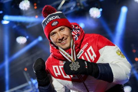 Nordische Ski WM in Seefeld, Langlauf Sprint Herren, Siegerehrung NORDIC SKIING - FIS Nordic World Ski Championships Seefeld 2019 SEEFELD,AUSTRIA,22.FEB.19 - NORDIC SKIING, CROSS COUNTRY SKIING - FIS Nordic World Ski Championships, medal plaza, award ceremony, sprint, men. Image shows Gleb Retivykh (RUS). Keywords: medal.. GEPAxpictures xChristianxWalgram