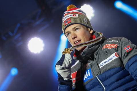 Nordische Ski WM in Seefeld, Langlauf Sprint Herren, Siegerehrung NORDIC SKIING - FIS Nordic World Ski Championships Seefeld 2019 SEEFELD,AUSTRIA,22.FEB.19 - NORDIC SKIING, CROSS COUNTRY SKIING - FIS Nordic World Ski Championships, medal plaza, award ceremony, sprint, men. Image shows Johannes Hoesflot Klaebo (NOR). Keywords: medal. GEPAxpictures xChristianxWalgram