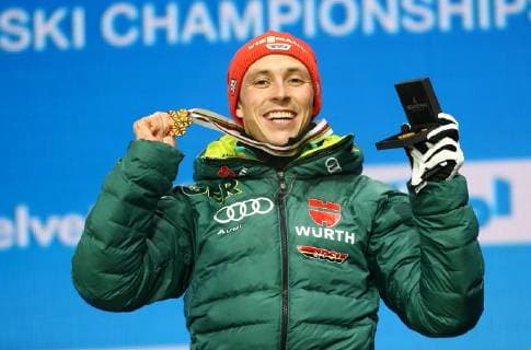 NORDIC SKIING - FIS Nordic World Ski Championships Seefeld 2019 SEEFELD,AUSTRIA,22.FEB.19 - NORDIC SKIING, CROSS COUNTRY SKIING - FIS Nordic World Ski Championships, medal plaza, award ceremony, sprint, men. Image shows Eric Frenzel (GER). GEPAxpictures xCh.xKelemen