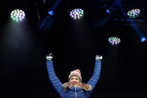 NORDIC SKIING - FIS Nordic World Ski Championships Seefeld 2019 SEEFELD,AUSTRIA,22.FEB.19 - NORDIC SKIING, CROSS COUNTRY SKIING - FIS Nordic World Ski Championships, medal plaza, award ceremony, sprint, ladies. Image shows Maiken Caspersen Falla (NOR). GEPAxpictures xChristianxWalgram