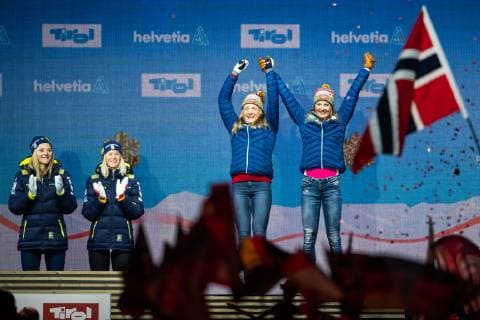 190224 Gold medalists Maja Dahlqvist and Stina Nilsson of Sweden and bronze medalists Ingvild Flugstad ostberg and Maiken Caspersen Falla of Norway celebrate at the medal ceremony for womenÂ s team sprint during the FIS Nordic World Ski Championships on February 24 2019 in Seefeld in Tirol Photo Joel Marklund BILDBYRAN kod JM 87891,  Copyright: JOELxMARKLUND BB190224JM164