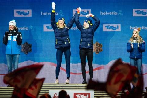 190224 Gold medalists Maja Dahlqvist and Stina Nilsson of Sweden celebrate at the medal ceremony for women«s team sprint during the FIS Nordic World Ski Championships on February 24 2019 in Seefeld in Tirol Photo Joel Marklund BILDBYR u0081N kod JM 87891,  Copyright: JOELxMARKLUND BB190224JM166