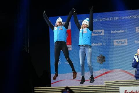 NORDIC SKIING - FIS Nordic World Ski Championships Seefeld 2019 SEEFELD,AUSTRIA,24.FEB.19 - NORDIC SKIING, CROSS COUNTRY SKIING - FIS Nordic World Ski Championships, team sprint Classic, ladies, award ceremony. Image shows Katja Visnar (SLO) and Lampic Anamarija (SLO). GEPAxpictures xCh.xKelemen
