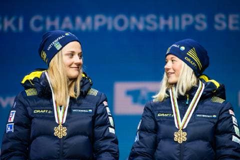190224 Gold medalists Maja Dahlqvist and Stina Nilsson of Sweden at the medal ceremony for womenÂ s team spriint during the FIS Nordic World Ski Championships on February 24 2019 in Seefeld in Tirol Photo Vegard Wivestad Grott BILDBYRAN kod VG 170298,  Copyright: VEGARDxWIVESTADxGRoTT BB190224ZQ036