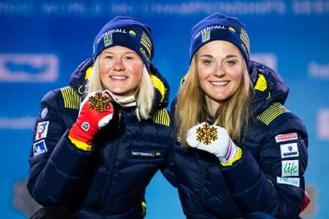 190224 Gold medalists Maja Dahlqvist and Stina Nilsson of Sweden at the medal ceremony for womenÂ s team spriint during the FIS Nordic World Ski Championships on February 24 2019 in Seefeld in Tirol Photo Vegard Wivestad Grott BILDBYRAN kod VG 170298,  Copyright: VEGARDxWIVESTADxGRoTT BB190224ZW038