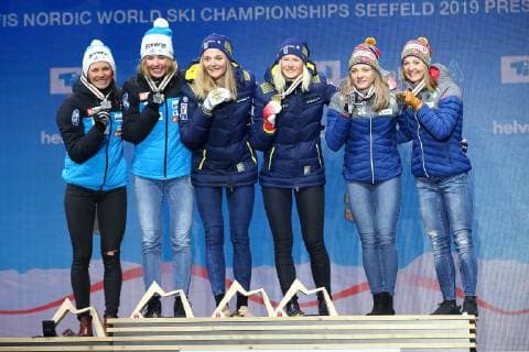 NORDIC SKIING - FIS Nordic World Ski Championships Seefeld 2019 SEEFELD,AUSTRIA,24.FEB.19 - NORDIC SKIING, CROSS COUNTRY SKIING - FIS Nordic World Ski Championships, team sprint Classic, ladies, award ceremony. Image shows Katja Visnar (SLO), Lampic Anamarija (SLO), Stina Nilsson (SWE), Maja Dahlqvis (SWE), Ingvild Flugstad Oestberg (NOR) and Maiken Caspersen Falla (NOR). GEPAxpictures xCh.xKelemen