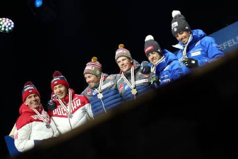 NORDIC SKIING - FIS Nordic World Ski Championships Seefeld 2019 SEEFELD,AUSTRIA,24.FEB.19 - NORDIC SKIING, CROSS COUNTRY SKIING - FIS Nordic World Ski Championships, team sprint Classic, ladies, award ceremony. Image shows Alexander Bolshunov (RUS), Gleb Retivykh (RUS), Emil Iversen (NOR), Johannes Hoesflot Klaebo (NOR), Federico Pellegrino and Francesco De Fabiani (ITA). GEPAxpictures xChristianxWalgram