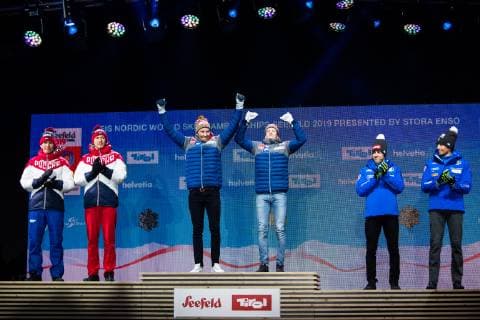 190224 Silver medalists Gleb Retivykh and Alexander Bolshunov of Russia gold medalists Johannes Hosflot Klaebo and Emil Iversen of Norway and bronze medalists Bronze medalists Francesco di Fabiani and Federico Pellegrino of Italy at the medal ceremony for menÂ s team sprint during the FIS Nordic World Ski Championships on February 24 2019 in Seefeld in Tirol Photo Vegard Wivestad Grott BILDBYRAN kod VG 170298,  Copyright: VEGARDxWIVESTADxGRoTT BB190224ZO040