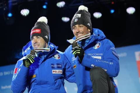 NORDIC SKIING - FIS Nordic World Ski Championships Seefeld 2019 SEEFELD,AUSTRIA,24.FEB.19 - NORDIC SKIING, CROSS COUNTRY SKIING - FIS Nordic World Ski Championships, team sprint Classic, ladies, award ceremony. Image shows Federico Pellegrino (ITA) and Francesco De Fabiani (ITA). GEPAxpictures xChristianxWalgram