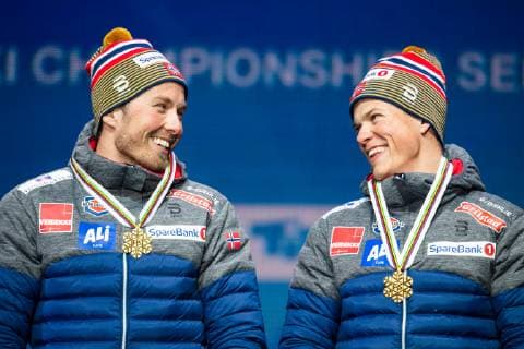 190224 Gold medalists Johannes Hosflot Klaebo and Emil Iversen of Norway at the medal ceremony for menÂ s team sprint during the FIS Nordic World Ski Championships on February 24 2019 in Seefeld in Tirol Photo Vegard Wivestad Grott BILDBYRAN kod VG 170298,  Copyright: VEGARDxWIVESTADxGRoTT BB190224ZS038