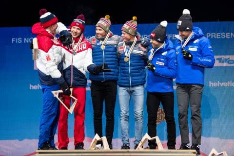 190224 Silver medalists Gleb Retivykh and Alexander Bolshunov of Russia gold medalists Johannes Hosflot Klaebo and Emil Iversen of Norway and bronze medalists Bronze medalists Francesco di Fabiani and Federico Pellegrino of Italy at the medal ceremony for menÂ s team sprint during the FIS Nordic World Ski Championships on February 24 2019 in Seefeld in Tirol Photo Vegard Wivestad Grott BILDBYRAN kod VG 170298,  Copyright: VEGARDxWIVESTADxGRoTT BB190224ZX042