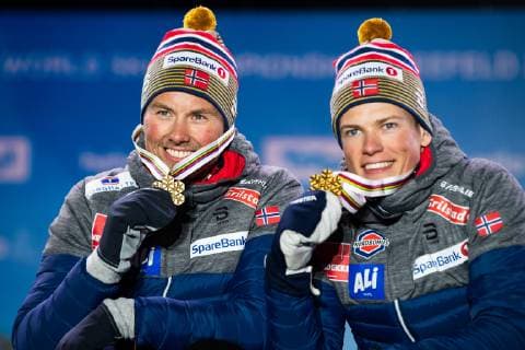 190224 Gold medalists Johannes Hosflot Klaebo and Emil Iversen of Norway at the medal ceremony for menÂ s team sprint during the FIS Nordic World Ski Championships on February 24 2019 in Seefeld in Tirol Photo Vegard Wivestad Grott BILDBYRAN kod VG 170298,  Copyright: VEGARDxWIVESTADxGRoTT BB190224ZO041
