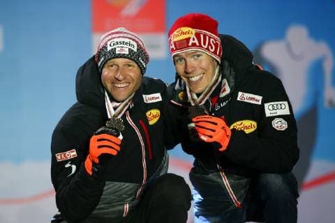 NORDIC SKIING - FIS Nordic World Ski Championships Seefeld 2019 SEEFELD,AUSTRIA,24.FEB.19 - NORDIC SKIING, NORDIC COMBINED - FIS Nordic World Ski Championships, team sprint 2x 7,5km, award ceremony. Image shows Bernhard Gruber (AUT) and Franz Josef Rehrl (AUT). GEPAxpictures xCh.xKelemen