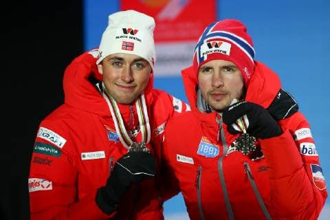 NORDIC SKIING - FIS Nordic World Ski Championships Seefeld 2019 SEEFELD,AUSTRIA,24.FEB.19 - NORDIC SKIING, NORDIC COMBINED - FIS Nordic World Ski Championships, team sprint 2x 7,5km, award ceremony. Image shows Jarl Magnus Riiber (NOR) and Jan Schmid (NOR). GEPAxpictures xCh.xKelemen