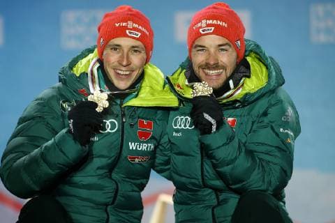 NORDIC SKIING - FIS Nordic World Ski Championships Seefeld 2019 SEEFELD,AUSTRIA,24.FEB.19 - NORDIC SKIING, NORDIC COMBINED - FIS Nordic World Ski Championships, team sprint 2x 7,5km, award ceremony. Image shows Eric Frenzel (GER) and Fabian Riessle (GER). GEPAxpictures xCh.xKelemen