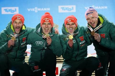 NORDIC SKIING - FIS Nordic World Ski Championships Seefeld 2019 SEEFELD,AUSTRIA,24.FEB.19 - NORDIC SKIING, Ski jumping Skispringen Ski nordisch - FIS Nordic World Ski Championships, team, large hill, award ceremony. Image shows Markus Eisenbichler (GER), Stephan Leyhe (GER), Richard Freitag (GER) and Karl Geiger (GER). GEPAxpictures xCh.xKelemen