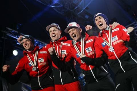 NORDIC SKIING - FIS Nordic World Ski Championships Seefeld 2019 SEEFELD,AUSTRIA,24.FEB.19 - NORDIC SKIING, Ski jumping Skispringen Ski nordisch - FIS Nordic World Ski Championships, team, large hill, award ceremony. Image shows Philipp Aschenwald (AUT), Michael Hayboeck (AUT), Daniel Huber (AUT) and Stefan Kraft (AUT). GEPAxpictures xChristianxWalgram