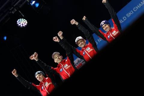 NORDIC SKIING - FIS Nordic World Ski Championships Seefeld 2019 SEEFELD,AUSTRIA,24.FEB.19 - NORDIC SKIING, Ski jumping Skispringen Ski nordisch - FIS Nordic World Ski Championships, team, large hill, award ceremony. Image shows Philipp Aschenwald (AUT), Michael Hayboeck (AUT), Daniel Huber (AUT) and Stefan Kraft (AUT). GEPAxpictures xChristianxWalgram