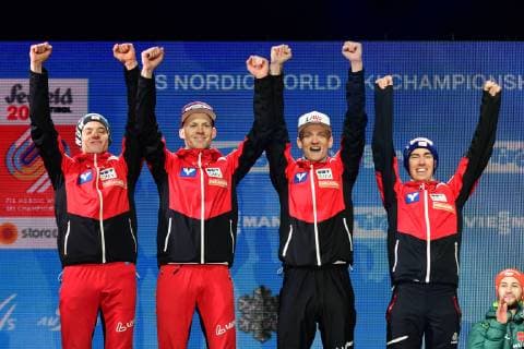 2019.02.24 Seefeld Innsbruck Mistrzostwa Swiata w Narciarstwie Klasycznym Seefeld 2019 Konkurs druzynowy na duzej skoczni Bergisel HS130 - ceremonia medalowa N z Stefan Kraft, Michael Hayboeck, Philipp Aschenwald, Daniel Huber Foto Martyna Szydlowska Newspix 2019.02.24 Seefeld Innsbruck FIS Nordic World Ski Championship Seefeld 2019 Team competition large hill Bergisel HS130 - medal ceremony Stefan Kraft, Michael Hayboeck, Philipp Aschenwald, Daniel Huber Credit: Martyna Szydlowska Newspix --- Newspix.pl  20190224_MS_095