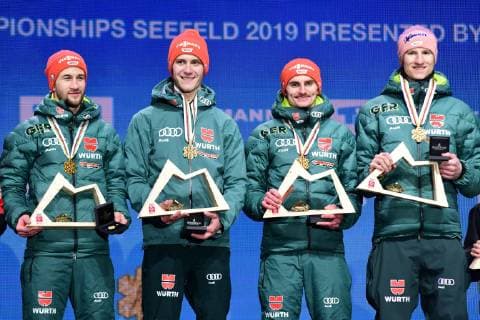 2019.02.24 Seefeld Innsbruck Mistrzostwa Swiata w Narciarstwie Klasycznym Seefeld 2019 Konkurs druzynowy na duzej skoczni Bergisel HS130 - ceremonia medalowa N z Markus Eisenbichler, Karl Geiger, Richard Freitag, Stephan Leyhe Foto Martyna Szydlowska Newspix 2019.02.24 Seefeld Innsbruck FIS Nordic World Ski Championship Seefeld 2019 Team competition large hill Bergisel HS130 - medal ceremony Markus Eisenbichler, Karl Geiger, Richard Freitag, Stephan Leyhe Credit: Martyna Szydlowska Newspix --- Newspix.pl  20190224_MS_105