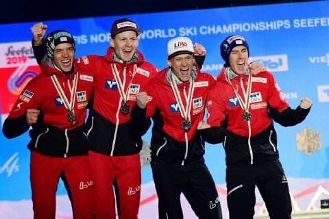 2019.02.24 Seefeld Innsbruck Mistrzostwa Swiata w Narciarstwie Klasycznym Seefeld 2019 Konkurs druzynowy na duzej skoczni Bergisel HS130 - ceremonia medalowa N z Stefan Kraft, Michael Hayboeck, Philipp Aschenwald, Daniel Huber Foto Martyna Szydlowska Newspix 2019.02.24 Seefeld Innsbruck FIS Nordic World Ski Championship Seefeld 2019 Team competition large hill Bergisel HS130 - medal ceremony Stefan Kraft, Michael Hayboeck, Philipp Aschenwald, Daniel Huber Credit: Martyna Szydlowska Newspix --- Newspix.pl  20190224_MS_115