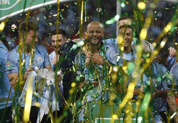 Sport Themen der Woche KW08 Sport Bilder des Tages Vincent Kompany of Manchester City celebrates winning the cup during the Carabao Cup Final match at Wembley Stadium, London. Picture date: 24th February 2019. Picture credit should read: Darren Staples Sportimage EDITORIAL USE ONLY. No use with unauthorised audio, video, data, fixture lists, club league logos or live services. Online in-match use limited to 120 images, no video emulation. No use in betting, games or single club league player publications. _AZ20445.JPG