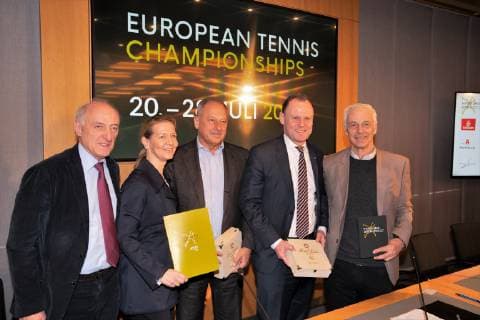 Opening press conference for the Tennis Hamburg Open 2019 DTB Deutscher Tennisbund MatchMaker Sports GmbH and Senate give outlook on the upcoming tournament Tennis tournament at Rothenbaum Rotherbaum Peter Michael Reichel Sandra Reichel Vladimir Dmitriev Andy Grote Klaus Eberhard from left Opening press conference for the Tennis Hamburg Open 2019 DTB Deutscher Tennisbund MatchMaker Sports GmbH and Senate give outlook on the upcoming tournament Tennis tournament at Rothenbaum Rotherbaum Hamburg Hamburg Germany City Hall