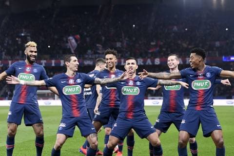 JOIE - 11 ANGEL DI MARIA (PSG) - 08 LEANDRO DANIEL PAREDES (PSG) - 17 ERIC MAXIM CHOUPO MOTING (PSG) - 04 THILO KEHRER (PSG) - 23 JULIAN DRAXLER (PSG) - 03 PRESNEL KIMPEMBE (PSG) FOOTBALL : Paris SG vs Dijon - Coupe de France - 26 02 2019 AnthonyBIBARD FEP Panoramic 